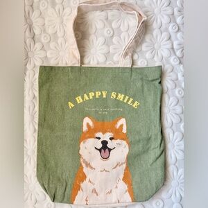 Green Tote Bag with Shiba Inu Print